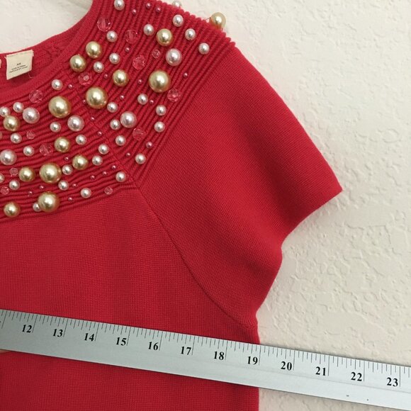 Anthropologie Moth Brienne Pearl Sweater Cap Sleeves Size XS-M Pink/Red - Picture 13 of 15